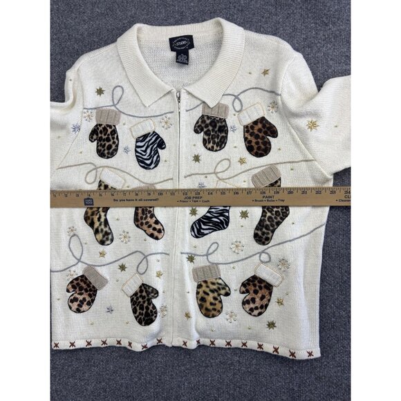 Designers Studio Originals Sweater Womens XL Animal Print Mittens Holiday Zip - Picture 6 of 7